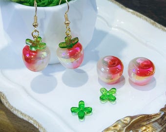 20 sets Iridescent Apple Beads with Leaf Charms, 16mm Resin Fruit beads for earrings & Jewelry aking, Pink Ombre Apple bead set