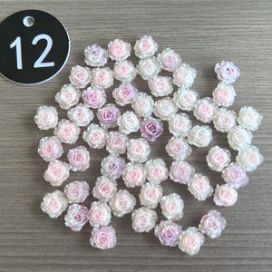 May include: A collection of small, translucent rose-shaped embellishments in shades of pink and white. A black circular tag with the number 12 in white is in the upper left corner. These decorative flowers are ideal for crafts.