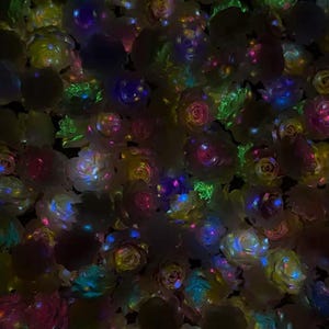 May include: A collection of numerous small, translucent rose-shaped ornaments illuminated with vibrant, multi-colored LED lights. The roses feature glowing hues of blue, pink, green, and yellow, creating a dense, luminous pattern against a dark background.