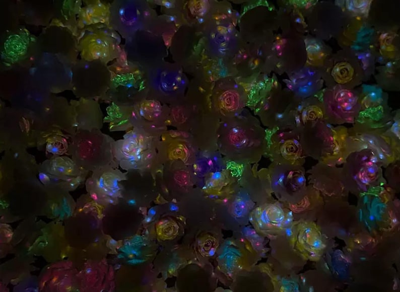 May include: A collection of numerous small, translucent rose-shaped ornaments illuminated with vibrant, multi-colored LED lights. The roses feature glowing hues of blue, pink, green, and yellow, creating a dense, luminous pattern against a dark background.