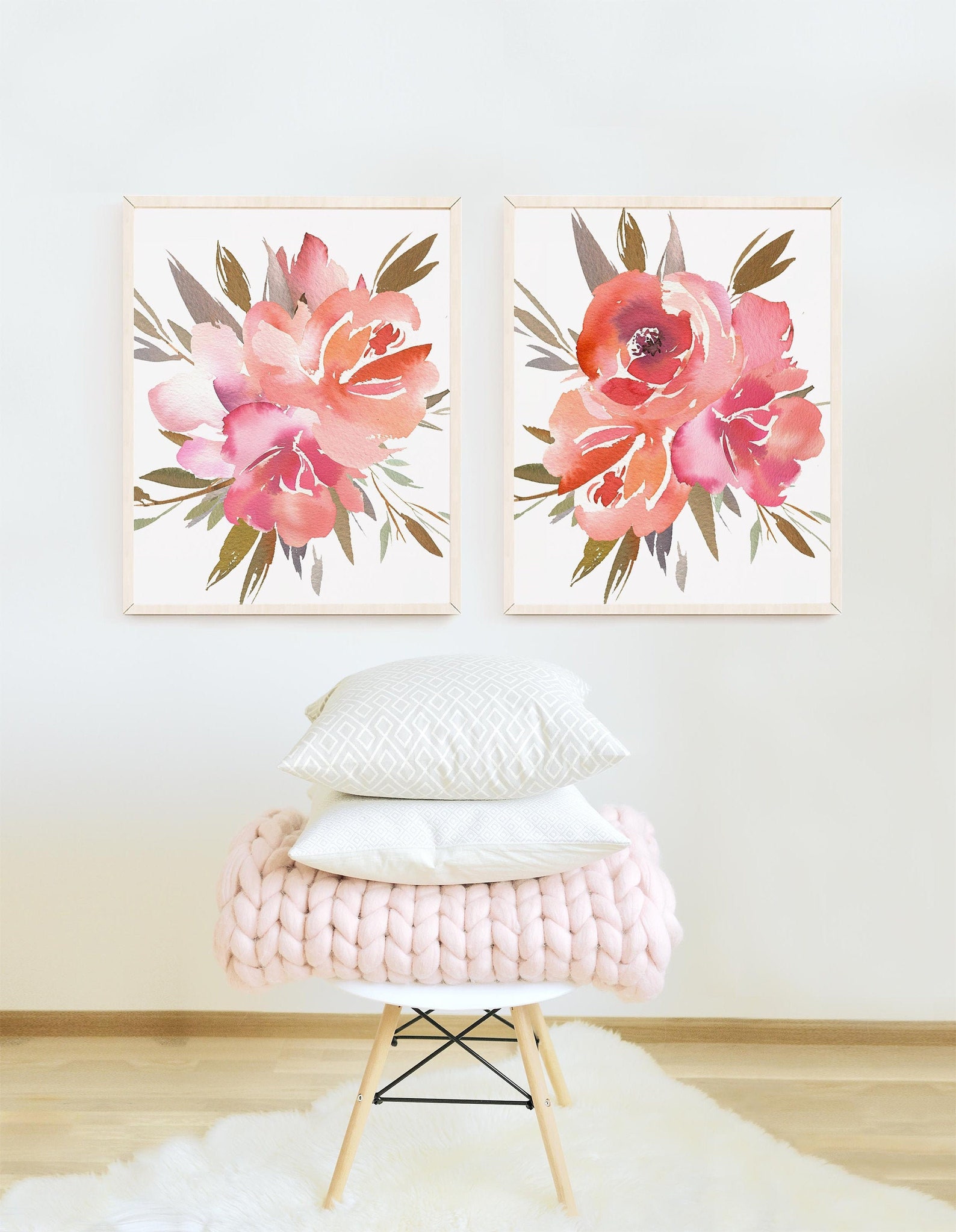 Set of 2 Pink Floral Wall Art Floral Print Set Modern Floral Etsy