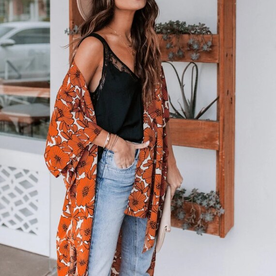 Kimono Orange Flower Cover up Loungewear Beachwear Over Jeans Bohemian Faux Silk Unisex