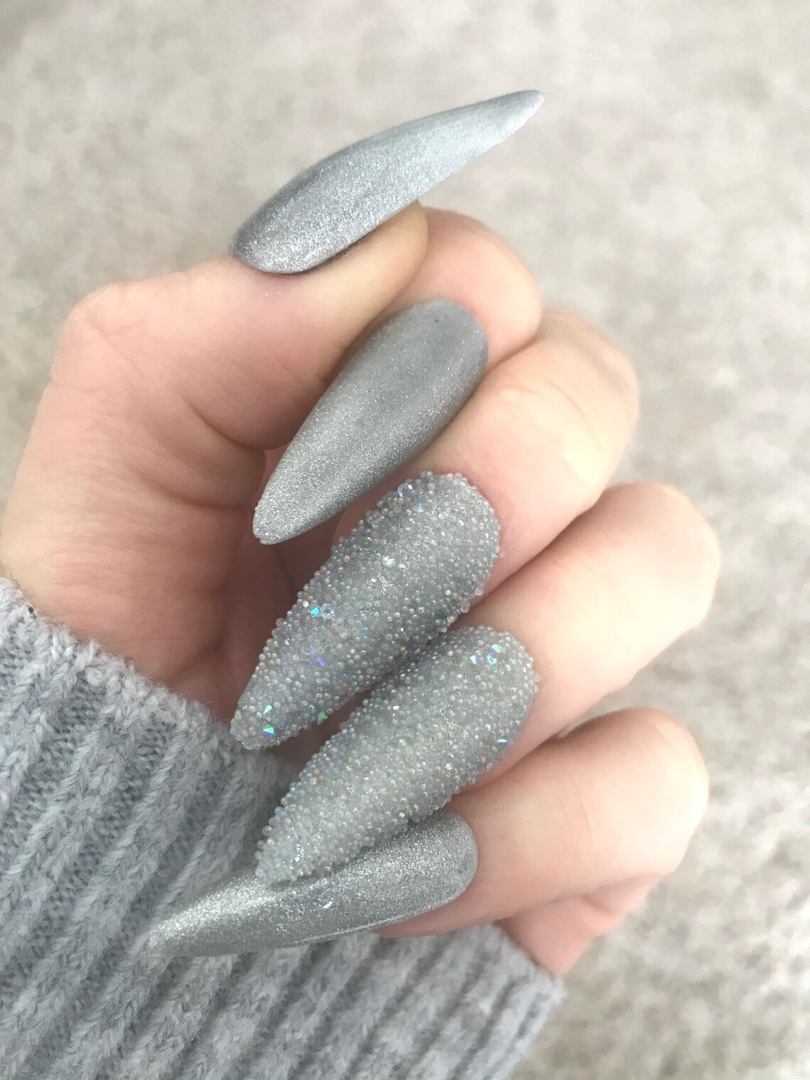 Grey cats eye nails Silver nails Silver long stiletto nails Etsy