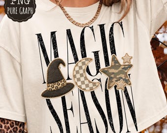 PNG di Halloween preppy, cappello da strega a scacchi, luna e stelle mimetiche, design a sublimazione con stampa leopardata, PNG di strega femminile