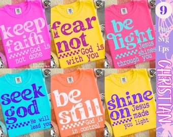 Paquete de imágenes SVG y PNG cristianas de neón, diseño de versículos bíblicos coloridos, SVG de citas de fe retro, SVG inspirador, PNG de camisetas religiosas desgastadas