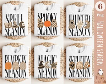 Pacchetto PNG di Halloween in stile preppy, clipart di leopardo, fantasma e zucca a scacchi, set per sublimazione con scheletro di strega, PNG vintage boho per la stagione di Halloween