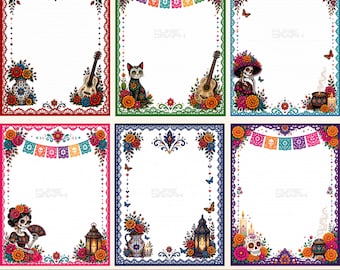 Pacchetto di carta da lettere floreale messicana in formato PNG, carta da lettere a righe stampabile, pagine di diario ispirate al Giorno dei Morti, carta digitale colorata