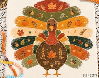 Tacchino del Ringraziamento PNG, Design autunnale a pennellate per sublimazione, PNG a righe di tendenza per l'autunno, Grafica per magliette autunnali, Stagione delle zucche