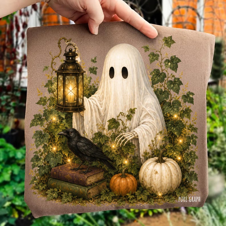 May include: A brown t-shirt featuring a graphic of a white ghost holding a lit lantern, a black crow perched on two stacked books, and two pumpkins surrounded by green ivy leaves. The text Pure Graph is printed in the bottom right corner.