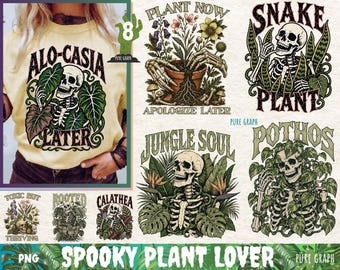 Spooky Plant Lover PNG Bundle, Skeleton Botanical Halloween Shirt Designs, Houseplant Mom Gothic Garden Graphics