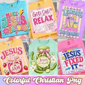 Puede incluir: Una colecci&oacute;n de seis camisetas coloridas con estampados gr&aacute;ficos de tem&aacute;tica religiosa. Los dise&ntilde;os incluyen textos como Make Jesus Famous, God Said Relax, Life Gave Me Some Lemons, Jesus Is My Jam, Jesus Is A Big Dill y Jesus Fixed It.