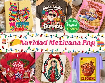 May include: A collection of digital graphic designs featuring Mexican-themed holiday illustrations, including a piñata, Santa with tamales, Christmas food, ornaments, the Virgin of Guadalupe, and a ponche drink, with text in Spanish and English.