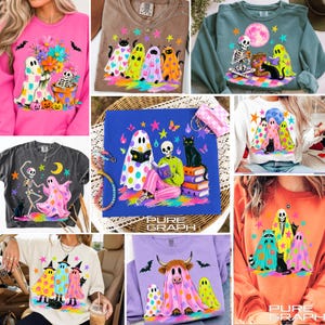 Pode incluir: Uma colagem de várias camisolas e t-shirts com estampas gráficas coloridas de fantasmas, esqueletos, gatos e morcegos. Os designs incluem estrelas, luas e flores vibrantes, com algumas peças exibindo o texto PURE GRAPH.