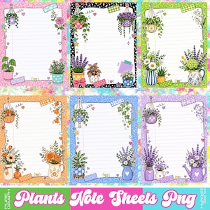 Pode incluir: Seis folhas de notas retangulares com papel pautado e bordas decorativas. Cada folha exibe várias plantas em vasos, plantas suspensas, flores, corações, estrelas e detalhes de fita adesiva colorida em tons de rosa, preto, verde, laranja, azul e roxo.