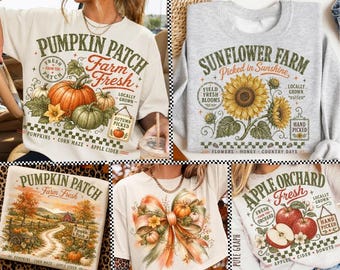 Pacchetto PNG "Fall Farmhouse", paesaggio autunnale a pennellate, campo di zucche, frutteto di mele, set per sublimazione di girasoli
