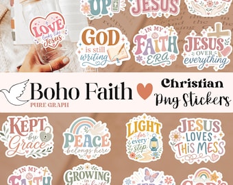 Pacchetto di adesivi PNG cristiani Boho Faith, adesivi digitali religiosi, citazioni sulla fede in formato PNG, set per diario biblico, amore per se stessi in stile Boho in formato PNG, donne forti in formato PNG