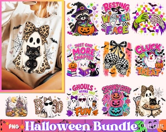 Colorful Halloween PNG Bundle, Cute Spooky Ghost Shirt Designs, Coquette Witch Cauldron Graphic, Retro Fall Sublimation, 13 PNG Files