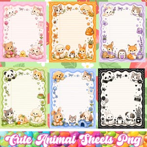 Puede incluir: Seis hojas de papel de carta rectangulares con áreas de escritura rayadas bordeadas por marcos festoneados coloridos. Cada hoja muestra varios animales ilustrados, incluyendo gatitos, cachorros, conejos, osos y pandas, acentuados con pequeños iconos como lazos y flores.