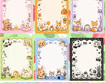 Cute Animal Note Sheets PNG Bundle, Kawaii Writing Paper Printable, Pastel Stationery Pages, Journal Pages, Memo Sheets Digital Download