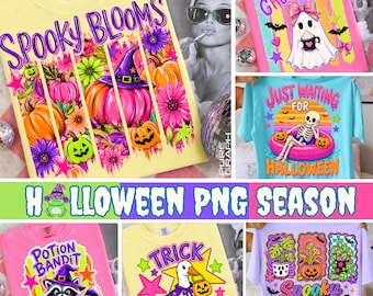 Neon Halloween PNG Bundle, Cute Ghost, Ghost Girl, Coquette Halloween, Retro Spooky Designs, Sublimation PNG Bundle