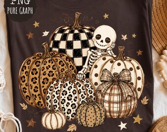 Zucca preppy PNG, zucche autunnali a quadri leopardati e design a sublimazione con scheletro carino, zucca autunnale femminile PNG, Halloween civettuolo