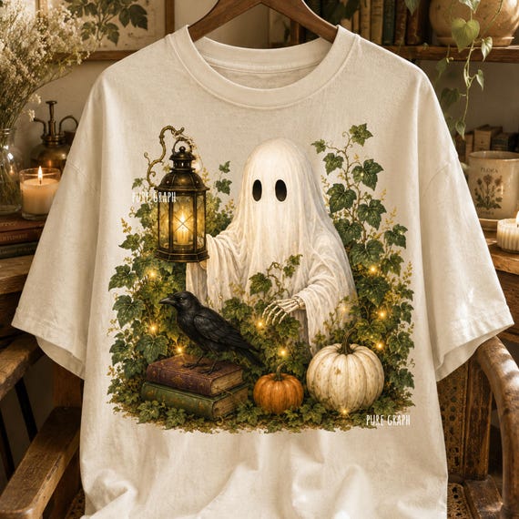 Vintage Ghost Halloween PNG, Botanical Cottagecore Ghost Graphic, Raven Pumpkin Lantern, Dark Academia Fall Sublimation