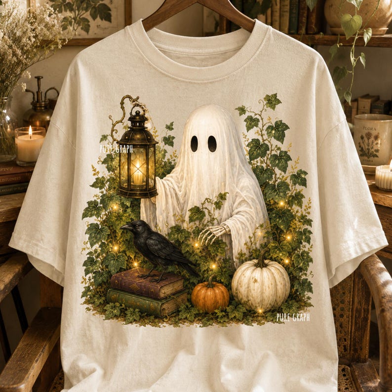May include: An off-white t-shirt featuring a graphic print of a white ghost holding a lit lantern, surrounded by green ivy, a black crow perched on two stacked books, and two pumpkins. The text PURE GRAPH is visible on the left and right sides.