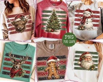 Pacchetto PNG di Natale vintage, disegni natalizi con pennellate effetto invecchiato, Babbo Natale, pupazzo di neve, renna, mucca delle Highlands, albero di pan di zenzero