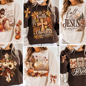 Könnte beinhalten: Eine Kollektion von sechs Rundhals-Sweatshirts in Creme und Braun mit grafischen Drucken von Kreuzen, Kürbissen, Sonnenblumen und Herbstblättern sowie religiösen Texten wie Safe in His Love, Faith Changes Everything und Fall for Jesus.