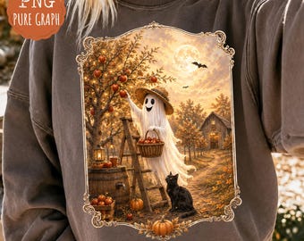 Frutteto di mele infestato PNG, clipart vintage di fantasma e gatto nero, design rustico per sublimazione di Halloween in fattoria