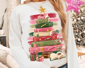 Albero di Natale a forma di libro PNG, design a pennellate per amanti dei libri in stile femminile, sublimazione natalizia rosa e verde