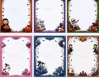Pacchetto di articoli di cancelleria di Halloween in formato PNG, carta da lettere spettrale e carina, carta a righe stampabile, pagine di diario kawaii, kit per scrapbooking digitale