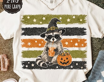 Procione di Halloween PNG, Procione con cappello da strega e secchiello di caramelle a forma di zucca, Sublimazione a righe con stelle a pois