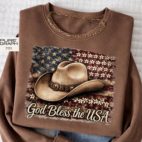 God Bless The USA PNG, Western Patriotic Faith Png, Cowgirl Hat Flag Design, Distressed USA Flag, Dainty Png, Stripes Png, Memorial Day Png