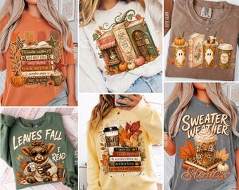 Pacchetto PNG autunnale accogliente e a tema libri, disegni di lettura autunnali per ragazze, caffè fantasma, mucca delle Highlands e sublimazione PNG di una caffetteria-libreria, stagione delle zucche