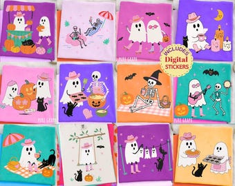 Pacchetto PNG di fantasmi western preppy per Halloween, clipart di fantasmi cowboy, picnic con scheletri, sublimazione con zucche e set di adesivi digitali