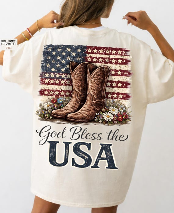God Bless The USA PNG, Western Patriotic Faith Png, Cowgirl Boots Flag Design, Distressed USA Flag, Dainty Png, Stripes Png, Memorial Day