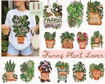 Może przedstawiać: Kolekcja czternastu wzorów graficznych przedstawiających rośliny doniczkowe z humorystycznymi napisami, takimi jak I Talk To Plants They Get Me, Plants Are My Social Life, Plant Dealer, Plant Girl Era, I Came I Saw I Bought Another Plant oraz Plant Shopping Is My Cardio.
