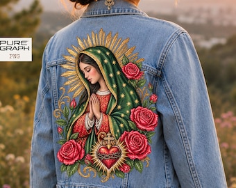 Virgin Mary Sacred Heart PNG, Catholic Floral Png, Devotional Rose Art, Religious Back Print Shirt Design