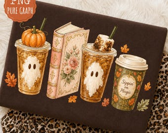 Immagine PNG di Halloween a tema libri, immagine PNG di un fantasma che beve caffè, design accogliente per amanti dei libri in autunno, sublimazione di libri con zucca ghiacciata e motivi floreali.