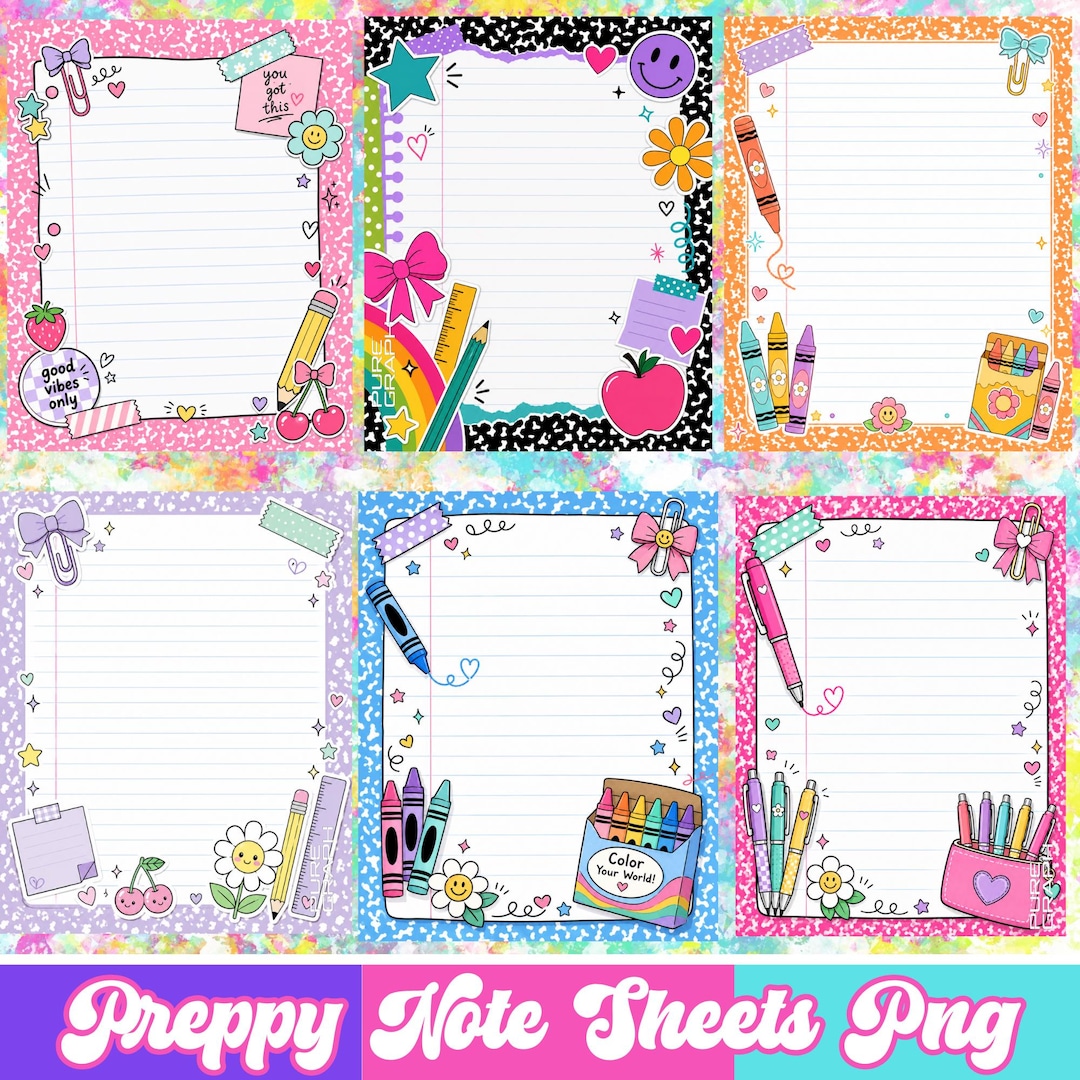 Preppy Note Setup Preppy Note Sheets PNG Bundle, Cute Decorated Lined Paper Pages ...