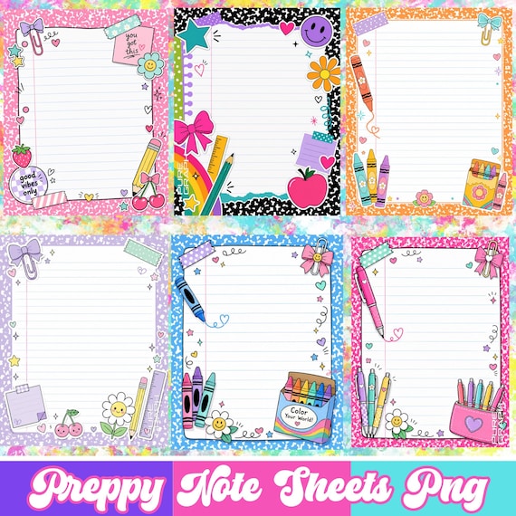 Preppy Note Sheets PNG Bundle, Cute Decorated Lined Paper Pages, Colorful Doodle Writing Frames, School Notes PNG Set