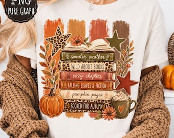 Libro autunnale femminile PNG, pila di libri leopardata, design con pennellate di caffè e zucca, accogliente autunno da libri