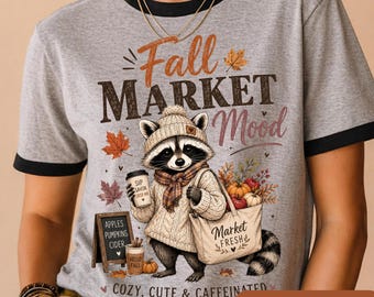 Procione autunnale accogliente PNG, design carino per maglietta del mercato autunnale, grafica di animali carini del mercato degli agricoltori, maglietta zucca mela PNG