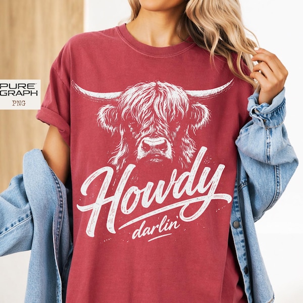 Howdy Darlin PNG, Vintage Western Highland Cow Shirt Design, Distressed Ranch Graphic, Cowgirl Sublimation PNG