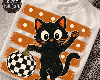 Gatto nero di Halloween PNG, zucca a scacchi e pennellate a pois, simpatico design retrò per sublimazione