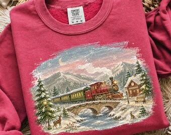 Treno di Natale PNG, design vintage invernale a pennellate per sublimazione, clipart di paesaggio ferroviario di montagna innevata