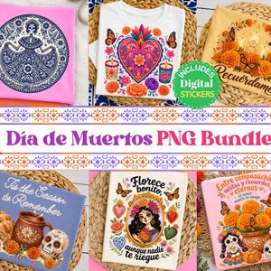 Könnte beinhalten: Eine digitale Sammlung von Grafikdesigns zum Thema Dia de Muertos mit Illustrationen von Zuckerschädeln, Ringelblumen, Monarchfaltern, Kerzen und traditionellen mexikanischen Motiven, die auf verschiedenen T-Shirts und Karten abgebildet sind.