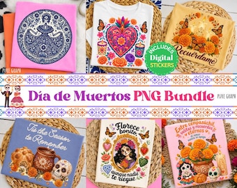 May include: A digital collection of Dia de Muertos themed graphic designs featuring illustrations of sugar skulls, marigold flowers, monarch butterflies, candles, and traditional Mexican motifs printed on various t-shirts and display cards.