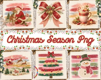 Pacchetto PNG di Natale vintage, PNG per vacanze accoglienti, design a sublimazione natalizio a righe, PNG con pennellate preppy, set di Babbo Natale, pupazzo di neve e albero di pan di zenzero